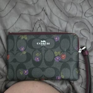 Coach Dark Gray Wristlet with Floral Accents